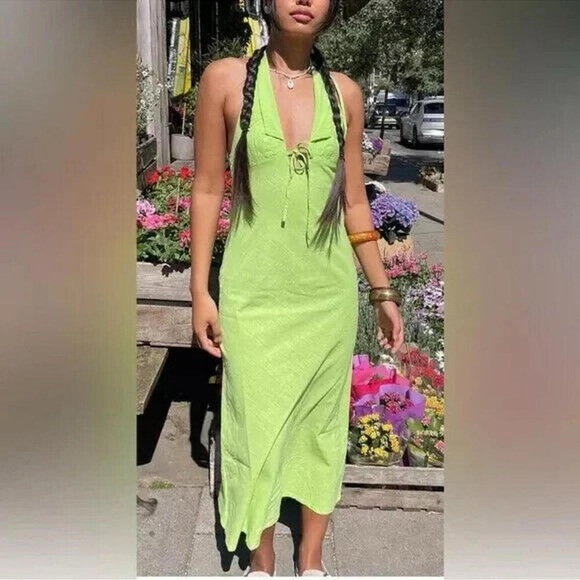 Urban Outfitters BDG Danny Lime Green Halter Dress Size Large New - Picture 6 of 14